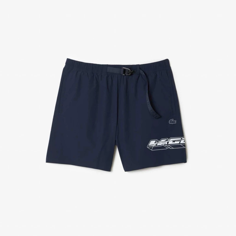 Image of Lacoste Quick Dry Logo Stripe Swim Trunks - Blue Blue S