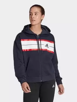 Image of adidas Essentials Pinstripe Block Fleece Full-zip Loose Fit Hoodie, Blue, Size XS, Women