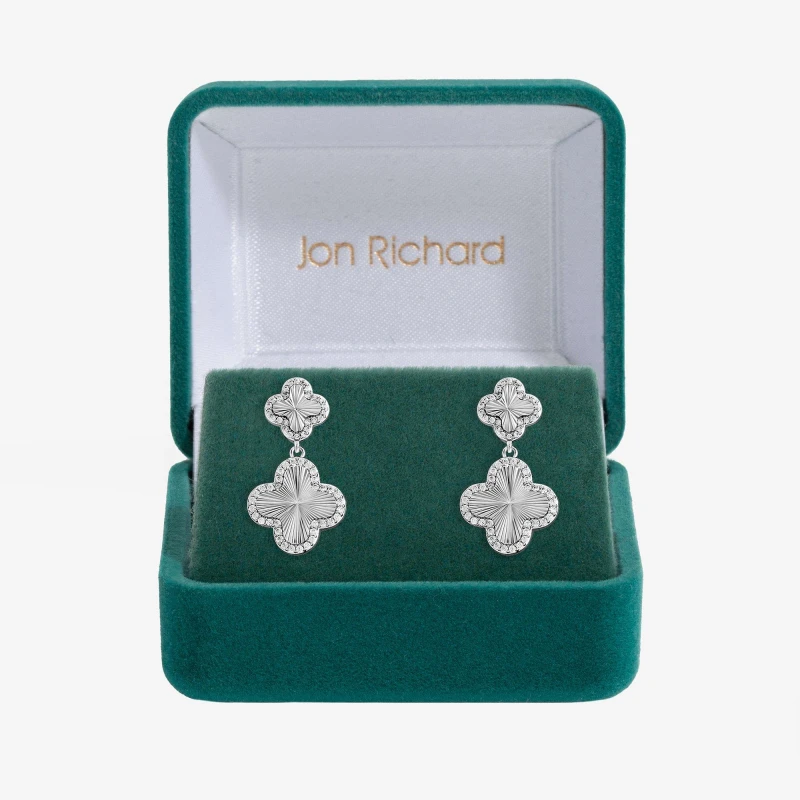 Image of Jon Richard Rhodium Plated Clover Drop Earrings - Gift Box Silver female One Size