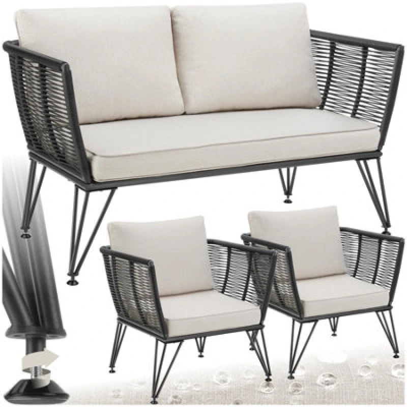 Image of Tectake Garden Furniture Set Sundo - 2 Armchairs, Sofa, Thick Cushions, Removable Cushion Covers - Anthracite - 1
