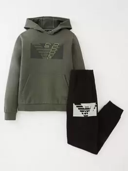 Image of EA7 Emporio Armani Boys Graphic Hoodie & Jogger Set - Khaki/Black, Khaki/Black, Size Age: 6 Years