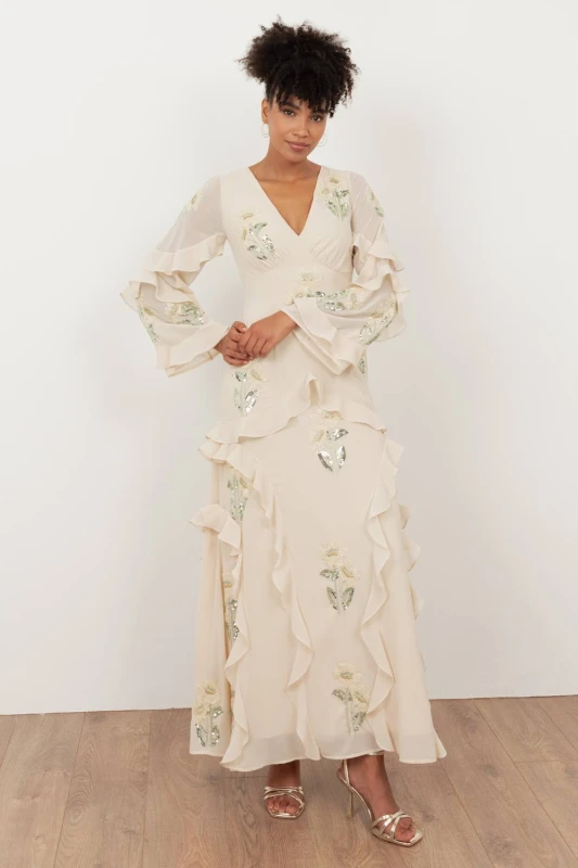 Image of Maya Deluxe Womens Embellished Long Sleeve Ruffle Maxi Dress in Nude Size: 8 Nude Female 8