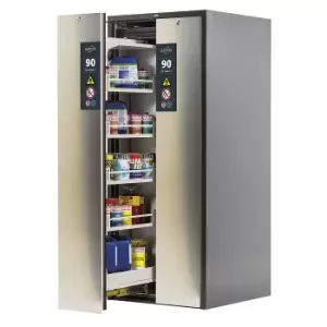 Image of asecos Type 90 fire resistant vertical pull-out cabinet, 2 drawers, 8 tray shelves, grey/stainless steel