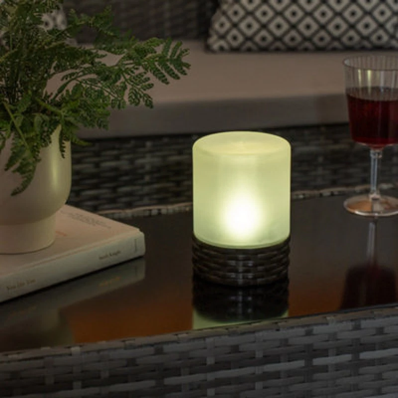 Image of ValueLights ValueLights Rattan Solar Powered Outdoor Garden Table Lamp with Frosted Glass Shade in Light Brown Light Brown One Size Unisex 50165292707