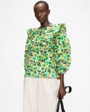 Image of Printed Frill Shoulder Balloon Sleeve Top