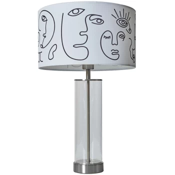Image of Brushed Chrome & Clear Tube Table Lamp With Large Lampshade - Art Face Design