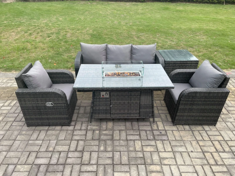 Image of Fimous Outdoor Rattan Garden Furniture Set Propane Gas Fire Pit Table Burner with Lounge Sofa Side Table Dark Grey