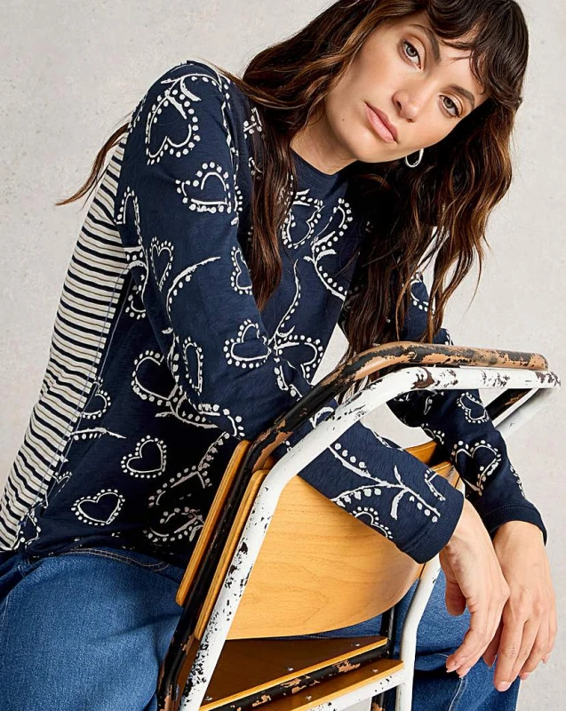Image of White Stuff White Stuff Clara Long Sleeve Tee Navy Multi - White Stuff - Size: 10 Navy Multi Female 10 PV58901
