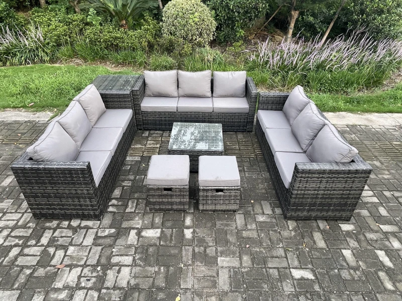 Image of Fimous 11 Seater Outdoor Rattan Garden Furniture Set Patio Lounge Sofa Set with Side Table Square Coffee Table Dark Grey