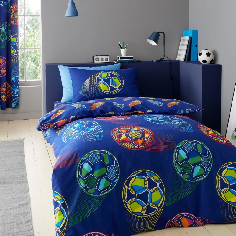 Image of Catherine Lansfield Bright Football Duvet Cover and Pillowcase Set Navy (Blue)