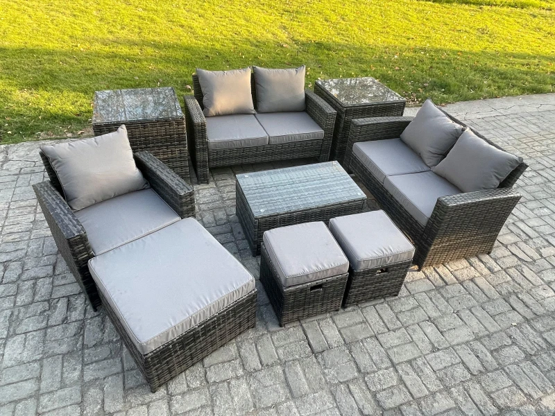 Image of Fimous Rattan Garden Furniture Set 8 Seater Patio Outdoor Lounge Sofa Chair Set with Rectangular Coffee Table 3 Footstools 2 Side Tables in Dark Grey