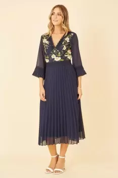 Image of Navy Embroidered Floral Pleated Midi Dress