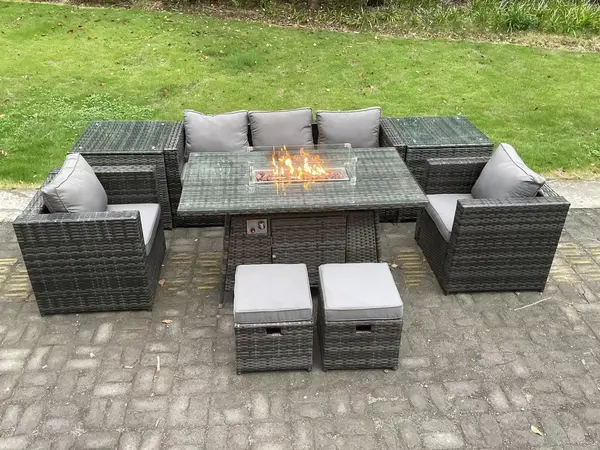 Image of Fimous 5 Seater Outdoor Dark Grey PE Rattan Lounge Sofa Complete Set with Gas Fire Pit Dining Table, 2 Side Coffee Tables and 2 Stools