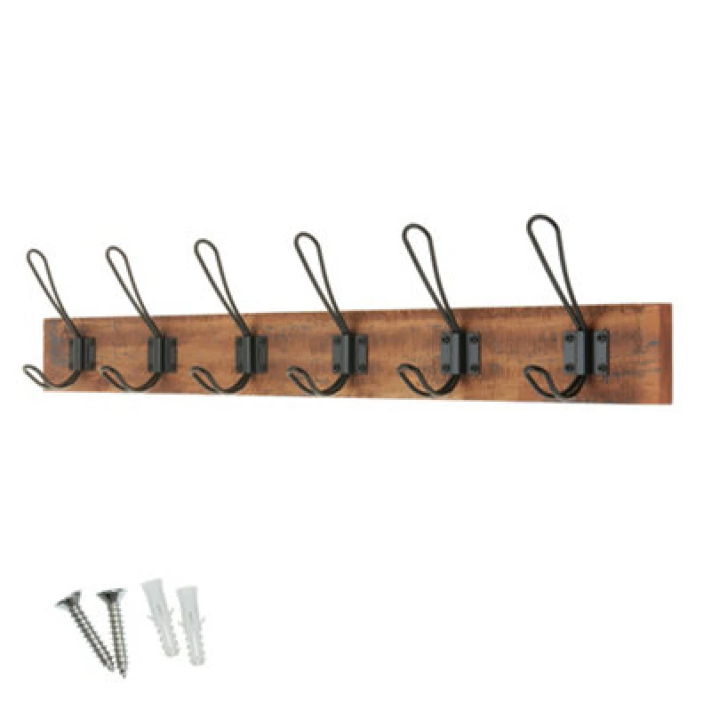 Image of Keypak Wall Mounted Coat Rack, Rustic & Industrial Decor, 6 Double-Wire Coat Hooks On 68Cm Wooden Base, Fixings Included