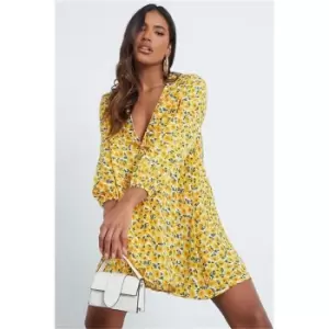 Image of I Saw It First Yellow Woven Floral Print Puff Sleeve Skater Dress - Yellow