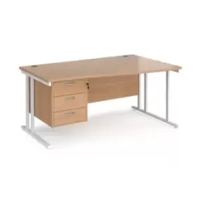 Image of Office Desk Right Hand Wave Desk 1600mm With Pedestal Beech Top With White Frame Maestro 25 MC16WRP3WHB