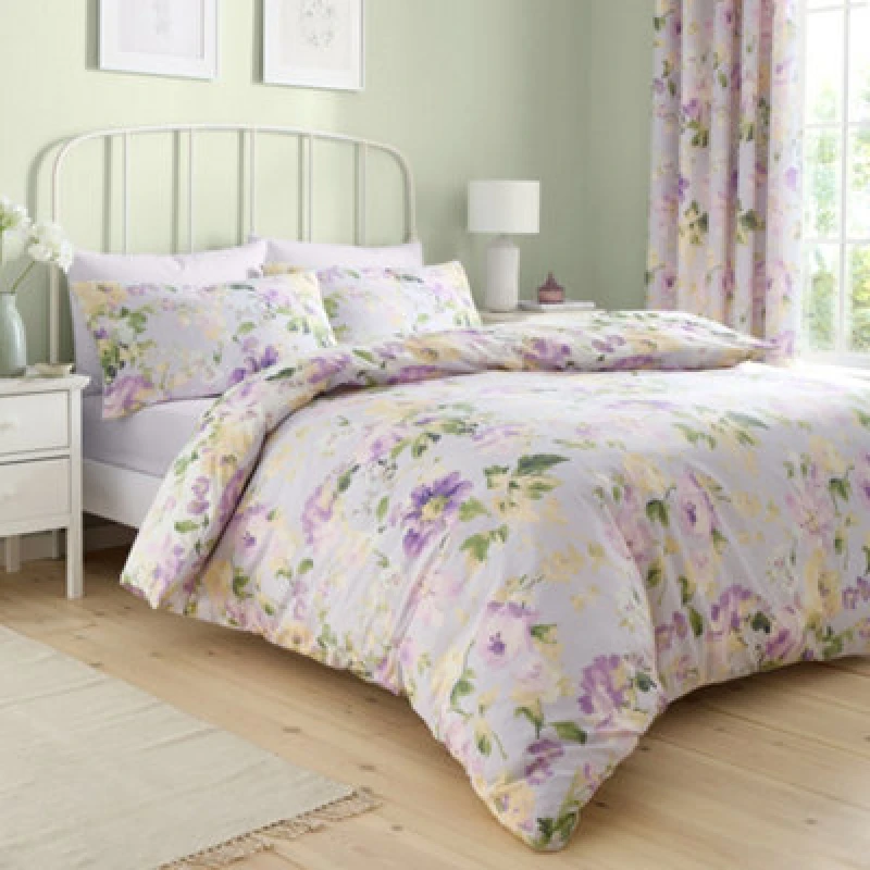 Image of Dreams & Drapes Flourette Watercolour Floral Duvet Cover Bedding Set Lilac