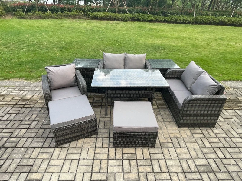 Image of Fimous 7 Seater Lounge Rattan Sofa Set Outdoor Garden Furniture Oblong Rectangular Dining Table With Chairs 2 Big Footstool 2 Side Tables in Dark Grey