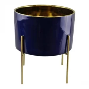 Image of Navy Blue Large Ceramic Gold Lined Planter With Stand