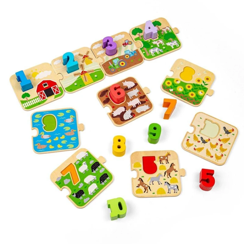 Image of Bigjigs Toys Wooden 1-10 Tile Puzzle, Farmyard Themed Multi unisex