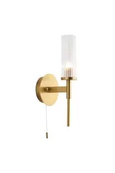 Image of Talo Bathroom Metal Wall Lamp Satin Brass Plate Ribbed Glass IP44