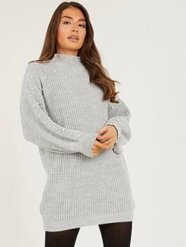 Image of Quiz Grey Pearl Knitted Jumper Dress - S