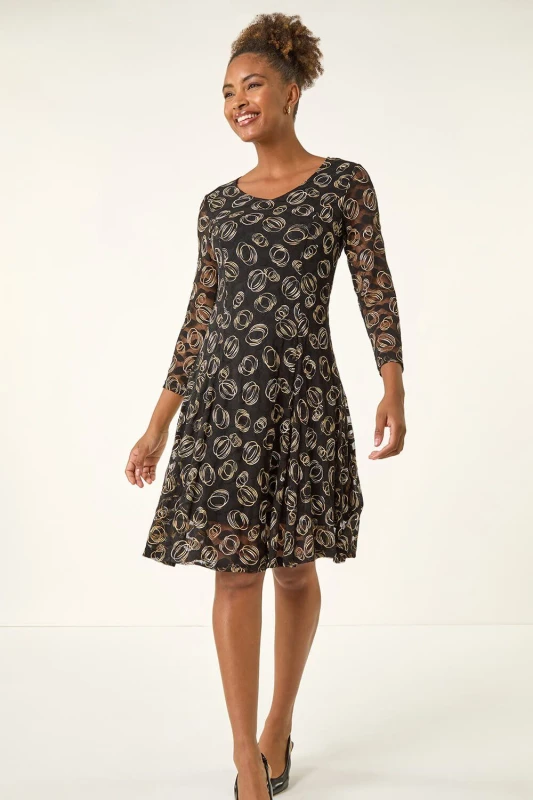 Image of Roman Womens Geo Print Lace Stretch Dress in Black Size: 12 Black Female 12