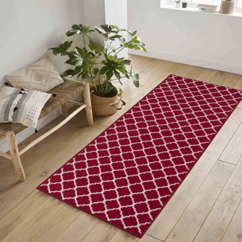 Image of Machine Washable Trellis Design Anti Slip Doormats Red 80X300 Cm