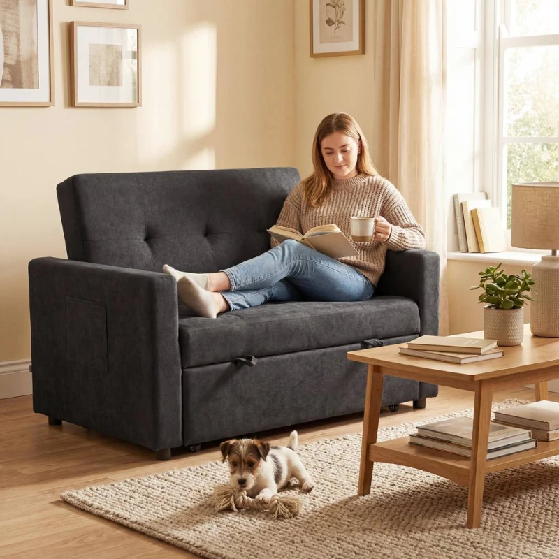 Image of HOMCOM 2 Seater Sofa Bed Convertible Bed Settee with Pillows, Black Unisex 2 Seater