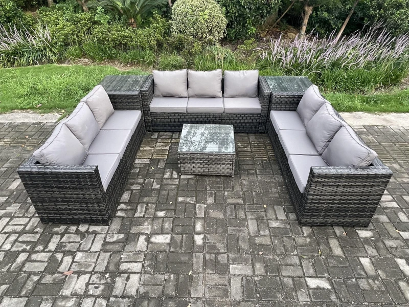 Image of Fimous 9 Seater Rattan Garden Furniture Set Patio Outdoor Lounge Sofa Set with 2 Side Tables Square Coffee Table Dark Grey Mixed Dark Grey