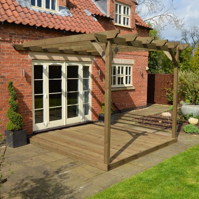 Image of Rutland County Garden Furniture Ltd Wall Mounted Pergola & Decking Kit, L300 x W300 cm, Rustic Brown Brown Unisex
