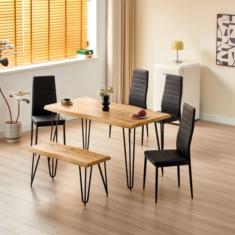 Image of KOSY KOALA Dining Table set with 4 Black Metal Chairs & Bench Kitchen Dining Room Furniture in Brown Brown Unisex