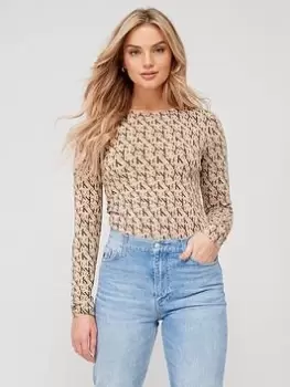 Image of Calvin Klein Jeans Ck Monogram Logo Long Sleeve Top - Brown, Print, Size S, Women
