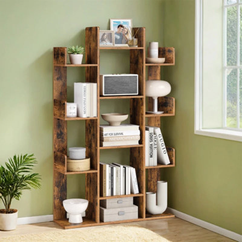 Image of LEDREM Large Tree Bookshelf, Storage Shelf, Bookcase With Rounded Corners, Rustic Brown