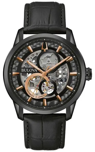 Image of Bulova 98A283 Mens Automatic Sutton Black Leather Strap Watch