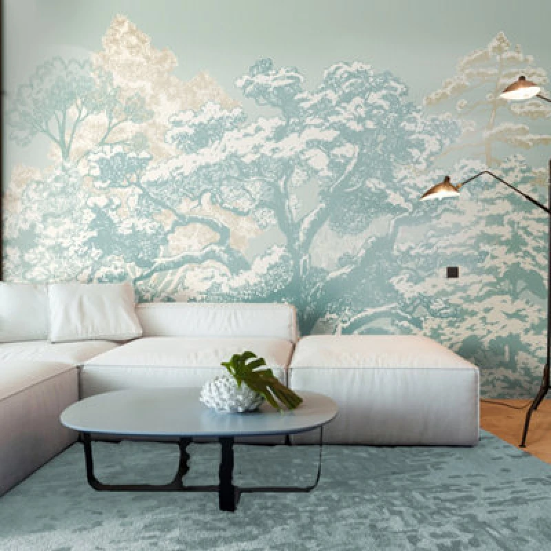 Image of Origin Murals Etched Trees Wall Mural in Light Blue Size: W350cm x H280cm Light Blue Unisex W350cm x H280 cm