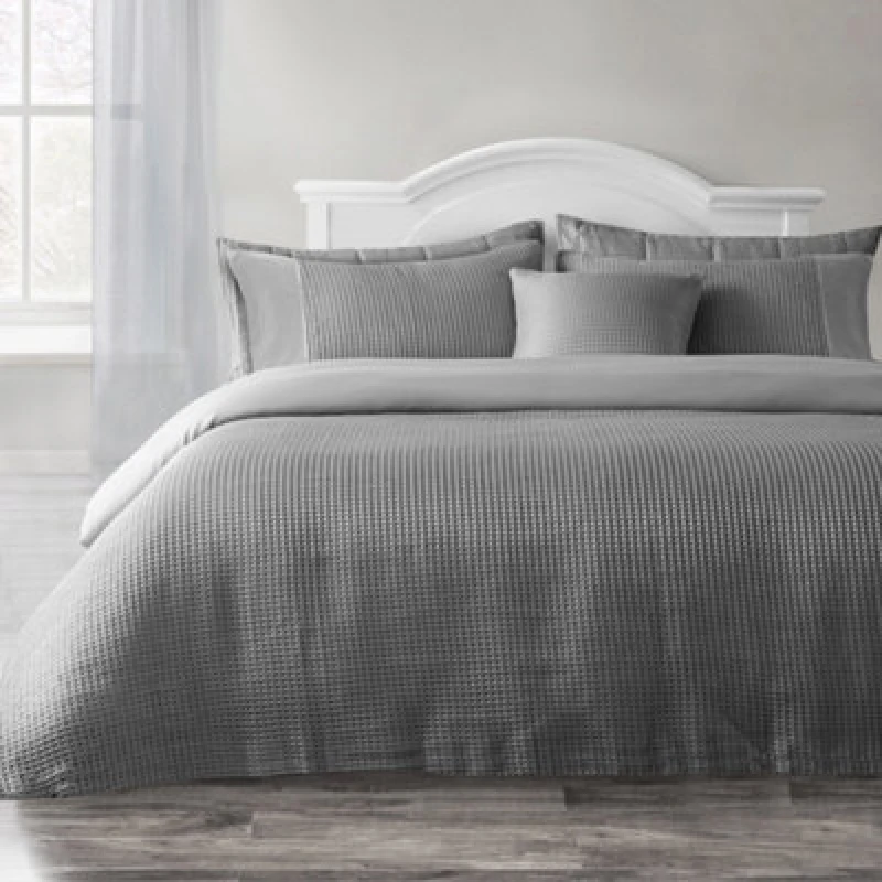 Image of Velosso Waffle Weave Duvet Cover Set - Textured Pillowcase, Button Enclosure in Silver Size: Double Silver Unisex Double