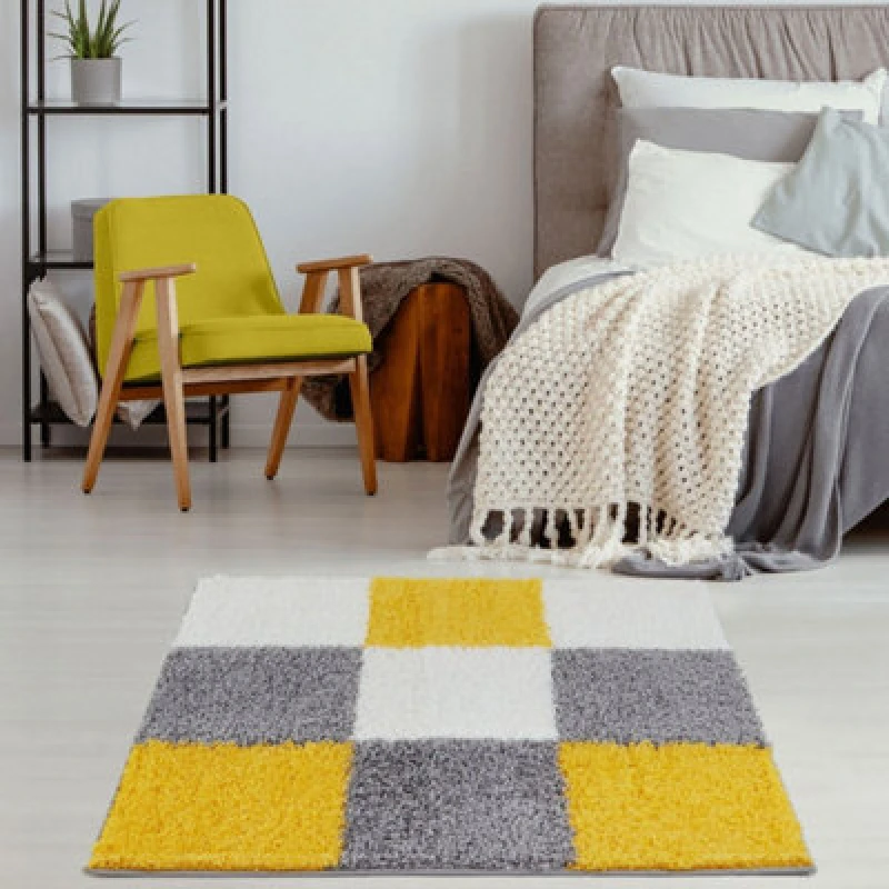 Image of THE RUGS Fluffy & Soft Shaggy Rugs Living Room Rug in Yellow - Elegant Geometric Design Carpets For Bedrooms & Kitchen 381 Size: 120cm x 120cm Y