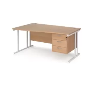 Image of Office Desk Left Hand Wave Desk 1600mm With Pedestal Beech Top With White Frame Maestro 25 MC16WLP3WHB