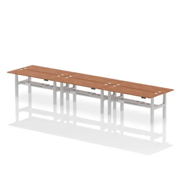 Image of Air Air Back-to-Back 1800 x 600mm Height Adjustable 6 Person Bench Desk Walnut Top with Cable Ports Silver Frame HASCP6P18600WNTS