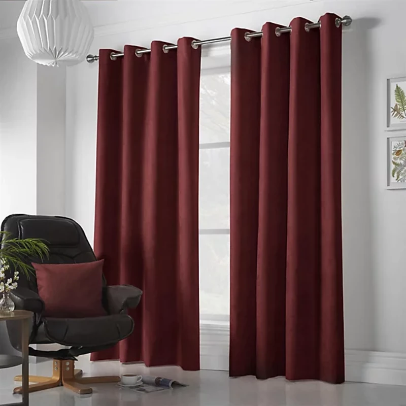 Image of Velvet Chenille Ready Made Eyelet Curtains Red
