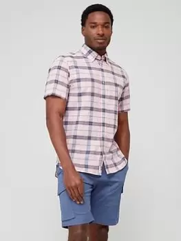 Image of Tommy Hilfiger Tonal Check Regular Fit Short Sleeve Shirt - Pink, Size L, Men