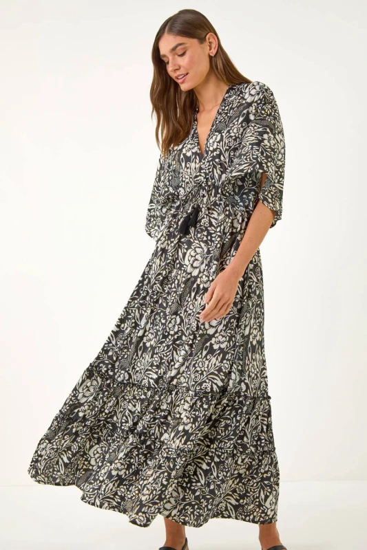 Image of Roman Womens Boho Floral Print V-Neck Maxi Dress in Black Size: 16 Black Female 16
