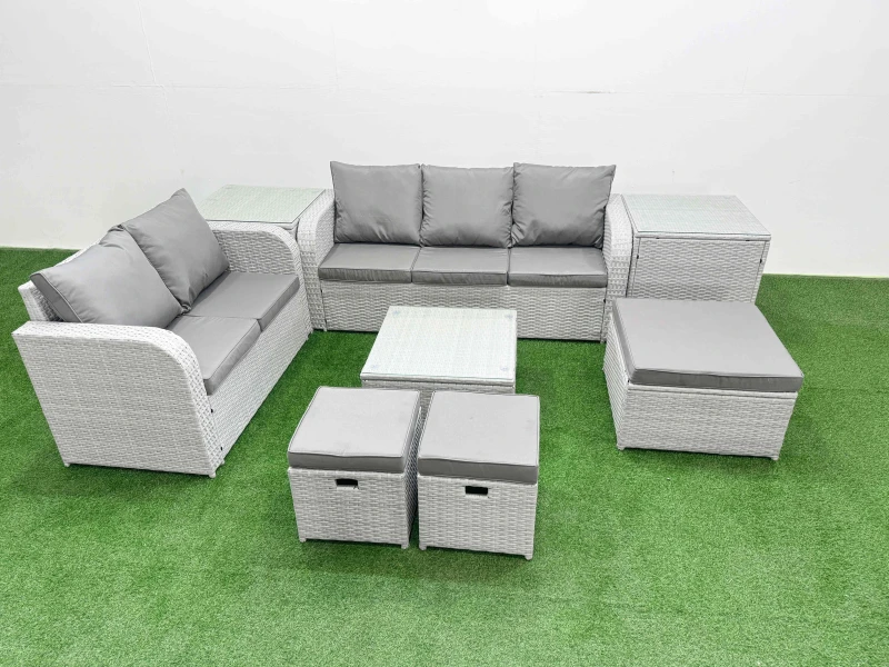 Image of Fimous 8 Seater PE Rattan Wicker Garden Furniture Patio Conservatory Sofa Set with Square Coffee Table 3 Seater Sofa Love Sofa 3 Stool 2 Side Table Li