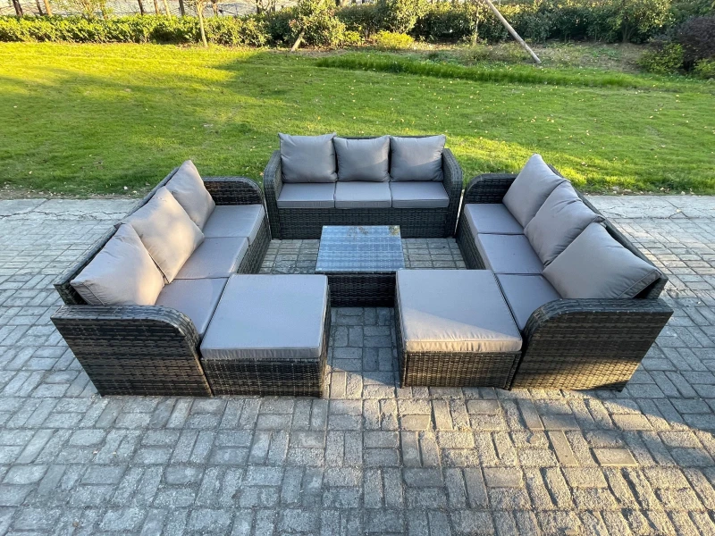 Image of Fimous 11 Seater Outdoor Rattan Garden Furniture Set Conservatory Patio Sofa Coffee Table With 2 Big Footstool Dark Grey Mixed Dark Grey