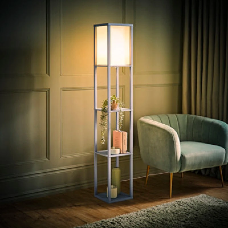 Image of ValueLights ValueLights Struttura Pastel Wooden Shelving Floor Lamp with Fabric Shade and Bulb in Baby Blue Baby Blue One Size Unisex 5059406065897