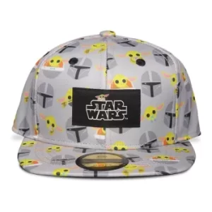 Image of STAR WARS The Mandalorian Logo Patch with Helmet and Grogu All-over Print Snapback Baseball Cap, Child, 5 to 6 Years, Grey...