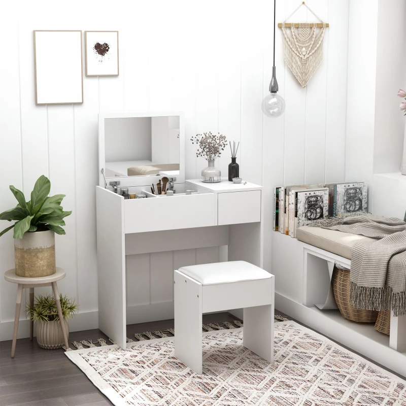 Image of HOMCOM Dressing Table Set Cushioned Stool Flip-up Mirror Drawer Chipboard White