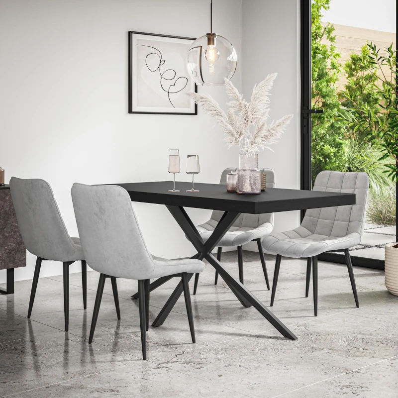 Image of More4Homes Donni Dining Table And Chairs - Black Table Top W Black Legs + Nova Velvet Dining Chair Set Of 4 (Grey)
