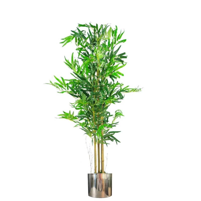 Image of Leaf 120cm (4ft) Natural Look Artificial Bamboo Plants Trees with Silver Metal Planter Green